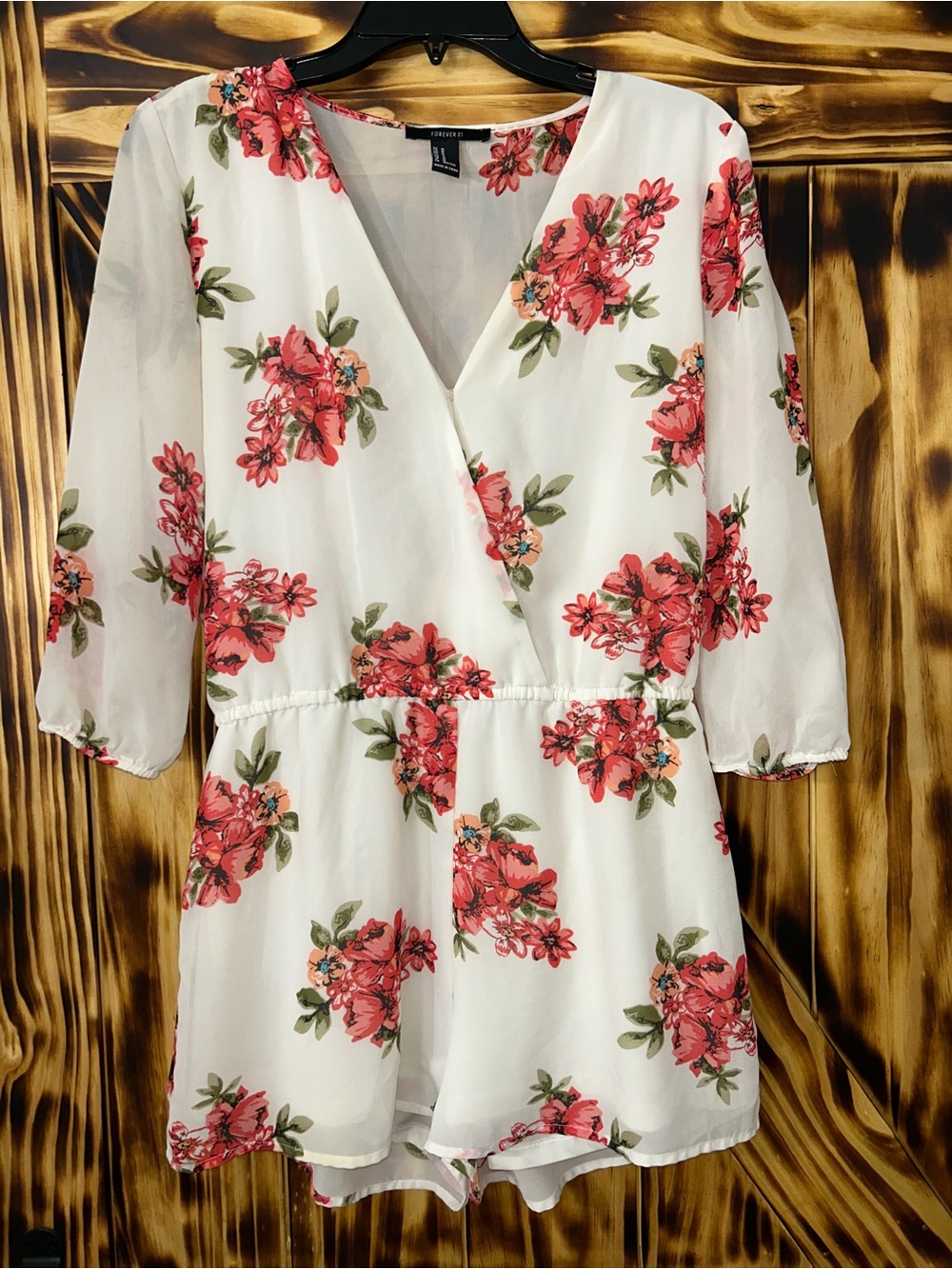 Forever 21 White Romper with Coral Floral Print